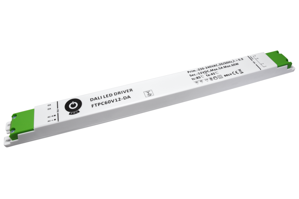 POS LED Driver 12V/5A CV DALI Push Dimming, linear plastic case