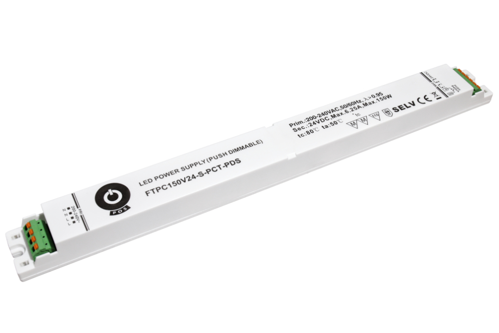 POS LED Driver 24V/6.25A, slim plastic case, Push in Clamp Terminals, Push dimming (secondary)
